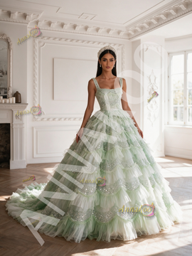 Shop 2026 ANNAKOO Strap Tulle Green Ball Gown Sequin Ruffles Prom Dress Under 398