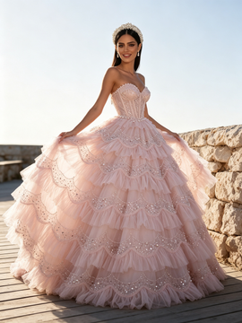 Shop 2026 ANNAKOO Sweetheart Pearls Ball Gown Ruffles Sequin Pink Prom Dress Under 349