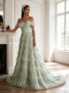 Light Green Tulle Sequin Off The Shoulder A Line Prom Dress
