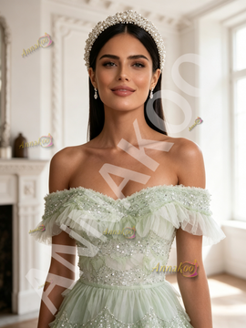 Light Green Tulle Sequin Off The Shoulder A Line Prom Dress