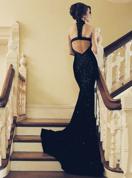 Beading Black Elastic Satin Mermaid Jewel Open Back Prom Dress 