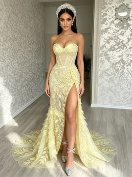 Shop 2026 ANNAKOO Yellow Leaf Flowers Sweetheart Trumpet Mermaid Prom Dress With Slit Under 298