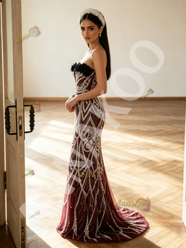 Shop 2026 ANNAKOO Burgundy Strapless Tulle Beading Mesh Sheath Column Prom Dress Under 359