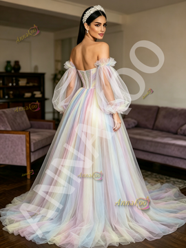 Shop 2026 ANNAKOO Rainbow Tulle Long Sleeve A Line Prom Dress With Slit Under 198