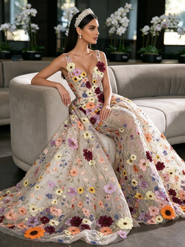 Shop 2026 ANNAKOO Colorful Floral Lace Detachable Train Trumpet Mermaid Prom Dress Under 358