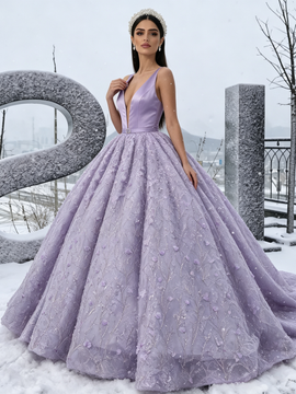 Shop 2026 ANNAKOO Lavender Satin Lace Flower Ball Gown Belt Prom Dress Under 298