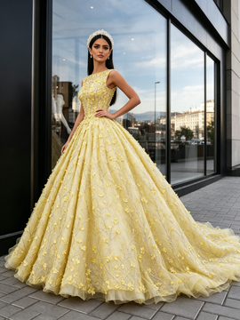 Shop 2026 ANNAKOO Bateau Ball Gown Yellow Tulle Floral Sequin Prom Dress Under 398