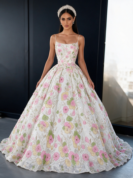 Shop 2026 ANNAKOO Spaghetti Straps Tulle Pink Floral Sequin Ball Gown Prom Dress Under 388