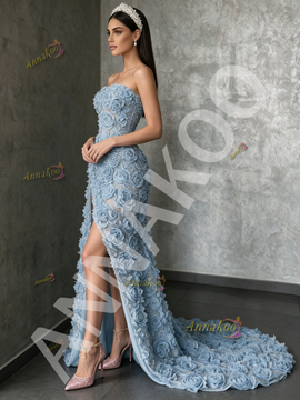 Blue Tulle Strapless Rose Sequin Beading A Line Prom Dress With Slit