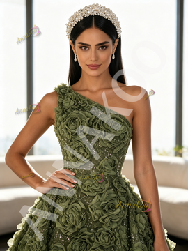 One Shoulder Olive Green A Line Detachable Train Rose Sequin Prom Dress With Slit