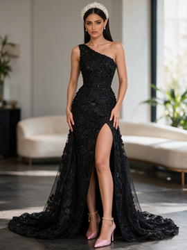 One Shoulder Black Lace Beaded Rose Flower Prom Dress Slit