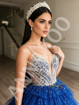 Shop 2026 ANNAKOO Blue Spaghetti Straps Beading Layers Sequin Ball Gown Prom Dress Under 339