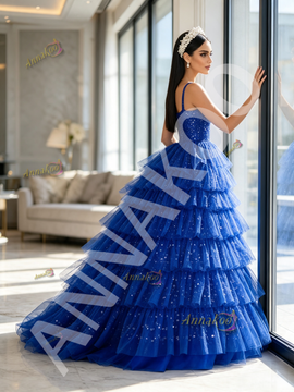 Shop 2026 ANNAKOO Royal Blue Straps Ball Gown Layers Sequin Tulle Prom Dress Under 239