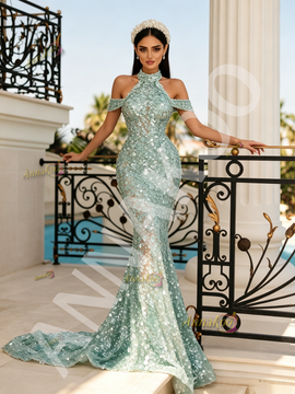 Shop 2026 ANNAKOO Halter Green Sequin Beading Trumpet Mermaid Prom Dress Under 298
