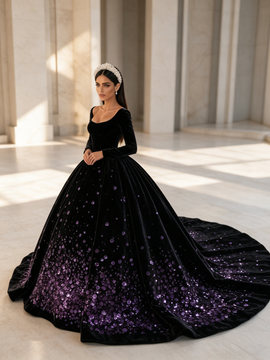 Shop 2026 ANNAKOO Ball Gown Purple Velvet Sequin Long Sleeve Scoop Prom Dress Under 339