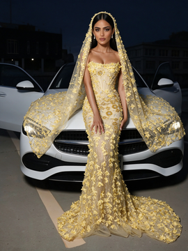 Yellow Strapless Trumpet Mermaid Sequin Flower Prom Dress With Veil 