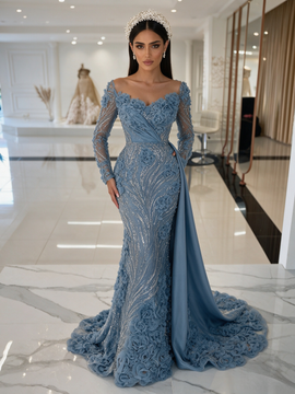 Dusty Blue Beading Long Sleeves Trumpet Mermaid Prom Gown Dress