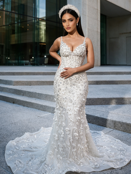 Spaghetti Straps Beading White Sparkle Trumpet Mermaid Prom Dress