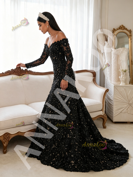 Shop 2026 ANNAKOO Off The Shoulder Trumpet Mermaid Black Beading Flower Long Sleeve Prom Dress Under 339
