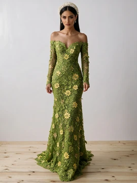 Green Off Shoulder Lace Sheath Column Long Flower Prom Dress