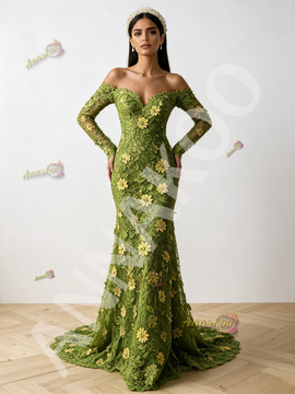 Green Off The Shoulder Lace Sheath Column Long Sleeve Flower Prom Dress