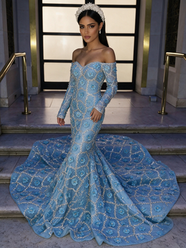 Off The Shoulder Trumpet Mermaid Flower Blue Long Sleeve Prom Dress