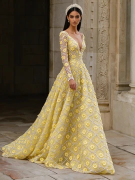Shop 2026 ANNAKOO Long Sleeve V Neck Yellow A Line Beading Flower Prom Dress Under 298