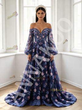 Purple Long Sleeve Off The Shoulder Beading Flower Lace Prom Dress