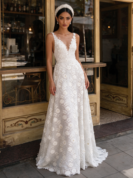 Shop 2026 ANNAKOO White V Neck Tulle Lace Daisy Flower Beading Wedding Dress Under 298