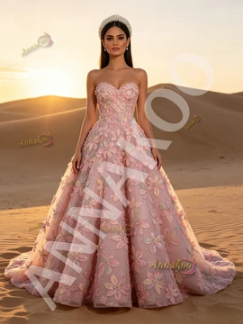 Pink strapless A line prom dress with floral beading