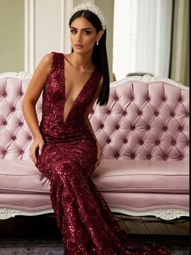 Burgundy trumpet mermaid prom dress with a deep V-neckline, a fitted silhouette, and intricate sequin flower embellishments.