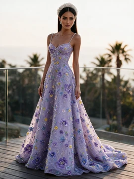 Full front view of the multi-tone lavender A-line silhouette with a sweeping train.