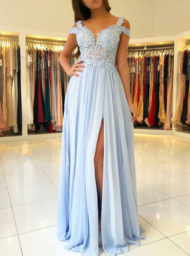 Appliques Light Blue Chiffon A-Line Cold Shoulder Prom Dress
