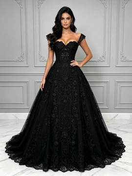 Elegant Off The Shoulder Black Lace A-Line Tulle Long Prom Dress