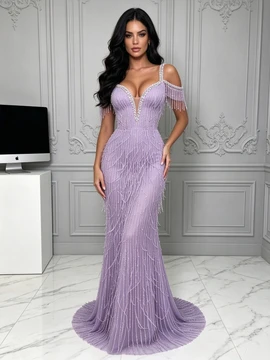 Shop 2026 ANNAKOO Purple Tassel Trumpet Mermaid Cold Shoulder Tulle Prom Dress Under 342