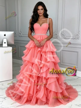 Watermelon Tulle A Line Ruffles Pearls Straps Prom Dress