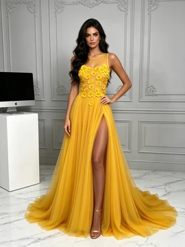 Yellow Jewel Neck Tulle A Line Flower Prom Dress With Slit
