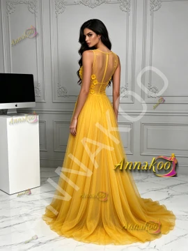 Yellow Jewel Neck Tulle A Line Flower Prom Dress With Slit