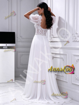 Elegant White V Neck Short Sleeve Wedding Dress with Slit