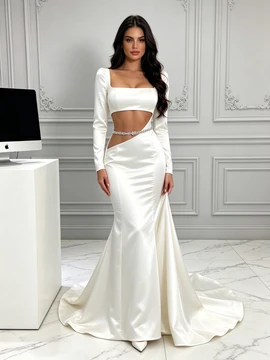 Shop 2026 ANNAKOO Long Sleeve Square Trumpet Mermaid Satin Beading Wedding Dress Under 248