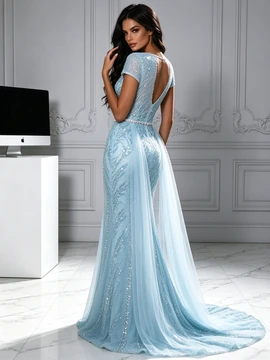  Flowing Tulle Column Dress in Baby Blue Shade