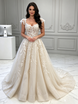 Cap Sleeve Tulle V Neck Lace Appliques A Line Wedding Dress