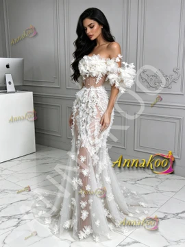 Off the shoulder tulle flowers see through white prom dress full length view