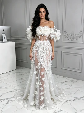 off the shoulder sheer white prom dress with 3D floral appliques