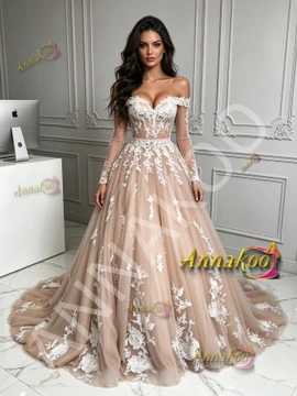 Champagne off the shoulder tulle long sleeve wedding dress with lace appliques front view