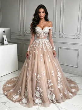 Champagne off the shoulder tulle long sleeve wedding dress with lace appliques front view