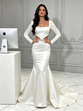 long sleeve beaded satin mermaid wedding gown