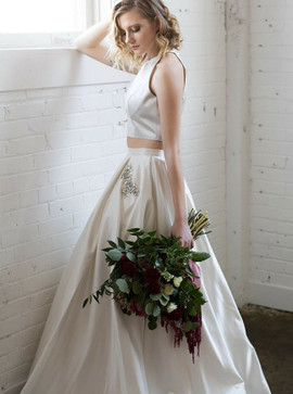  Beading Pockets White Satin Two Piece Bateau Prom Dress