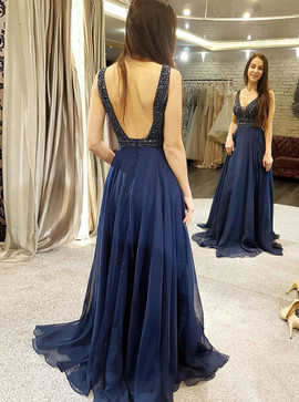 Beading A-Line V-Neck Royal Blue Backless Chiffon Prom Dress
