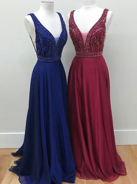 Beading A-Line V-Neck Royal Blue Backless Chiffon Prom Dress